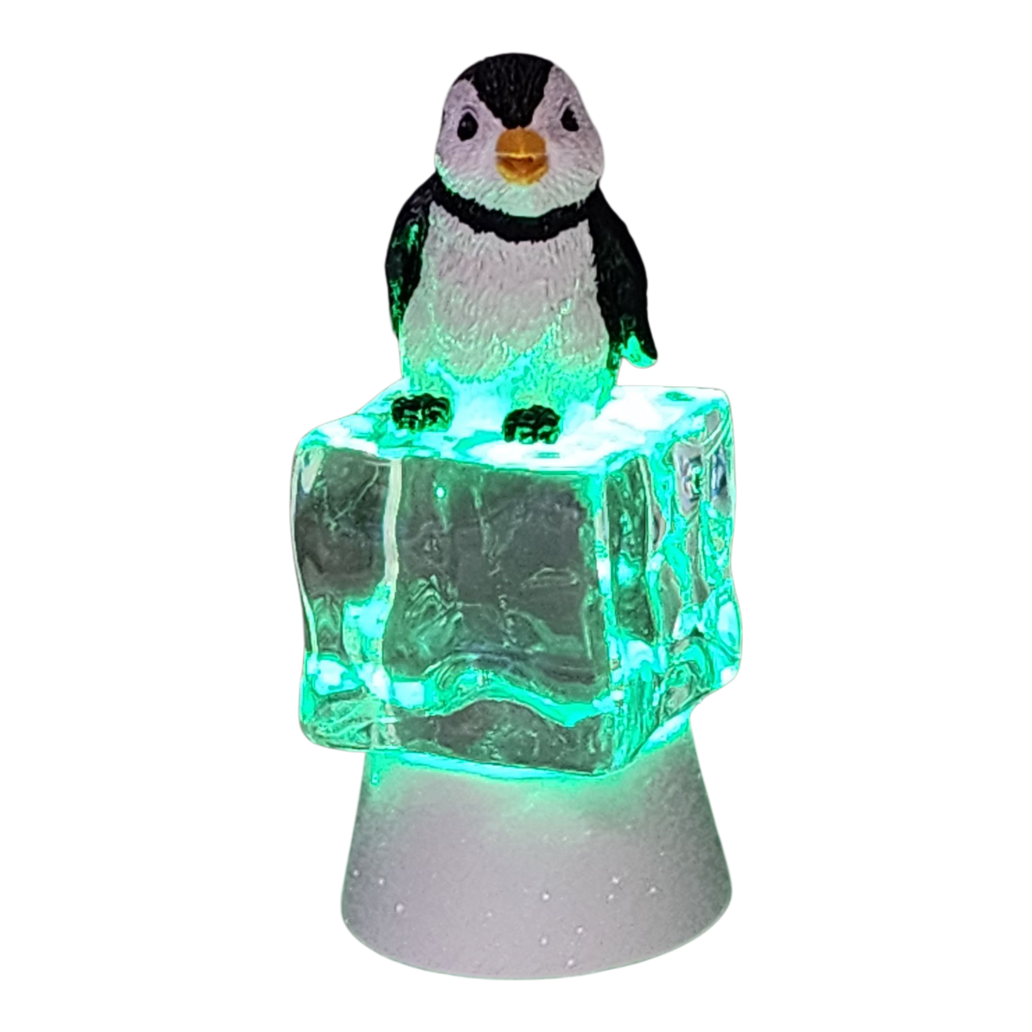 Penguin Sitting on Color-changing Lighted Icecube -