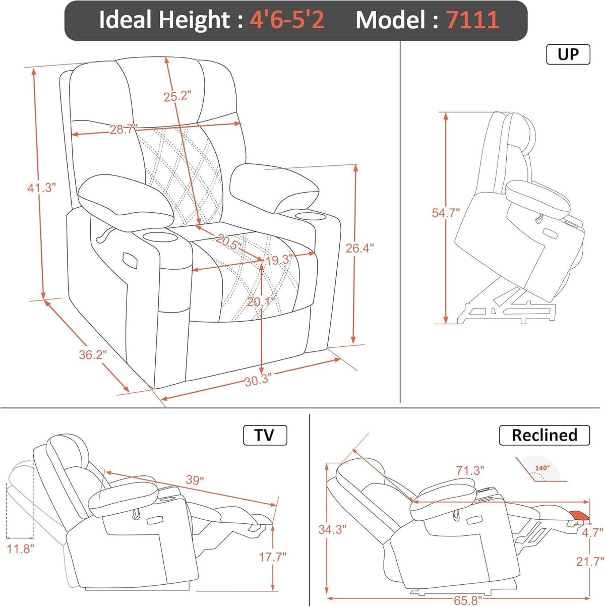 Petite Power Lift Recliner With Massage Blue USB Ports