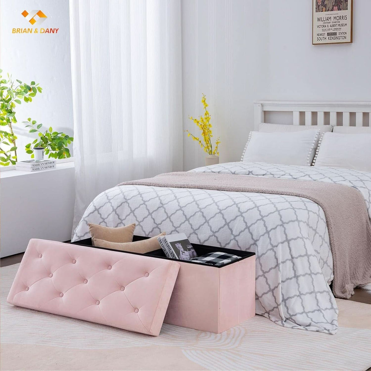 Pink 43 Inch Velvet Lux Foldable Storage Ottoman Bench