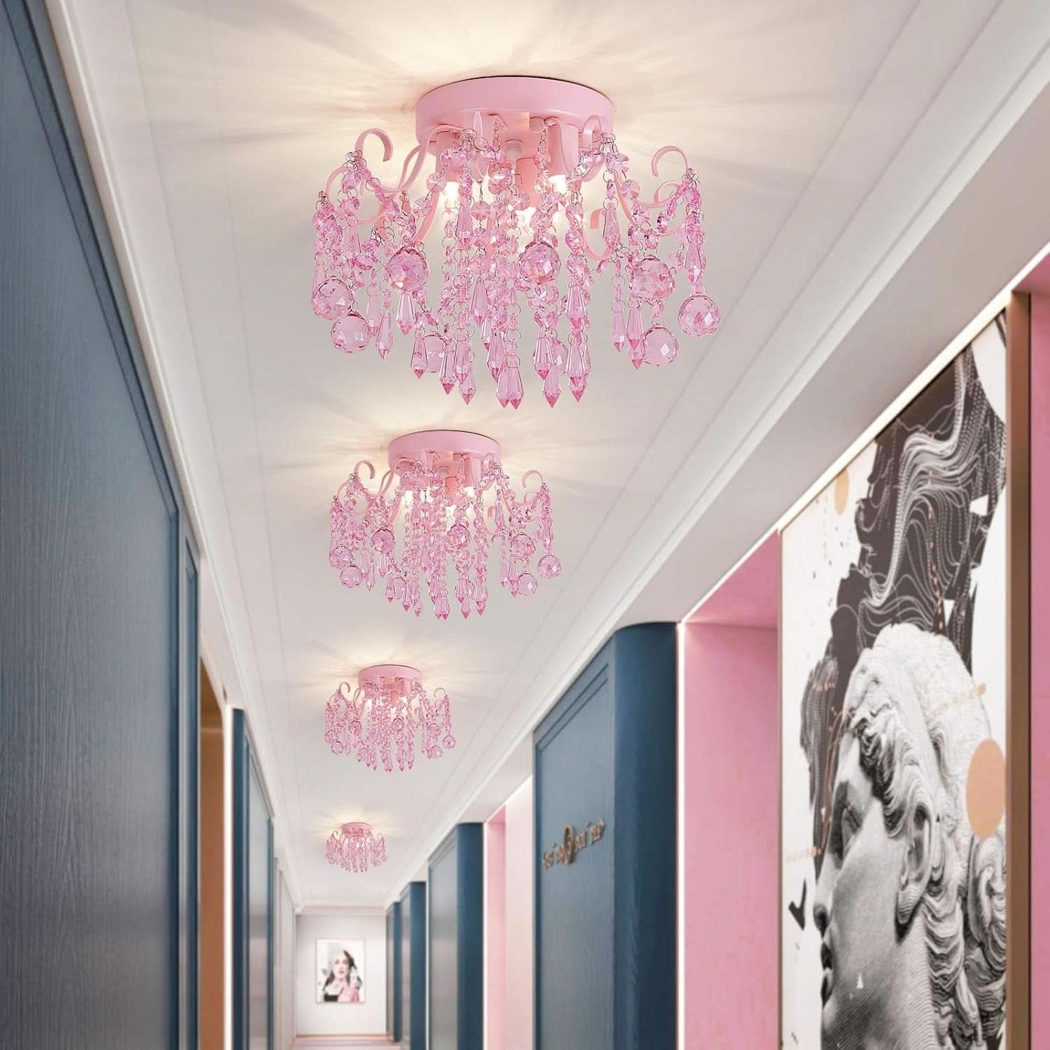 Pink Crystal Mini Chandelier 3 Light Semi Flush Mount