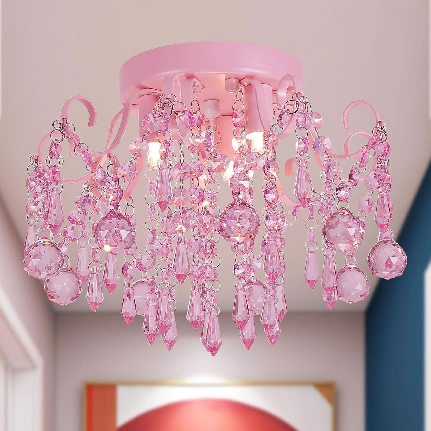 Pink Crystal Mini Chandelier 3 Light Semi Flush Mount