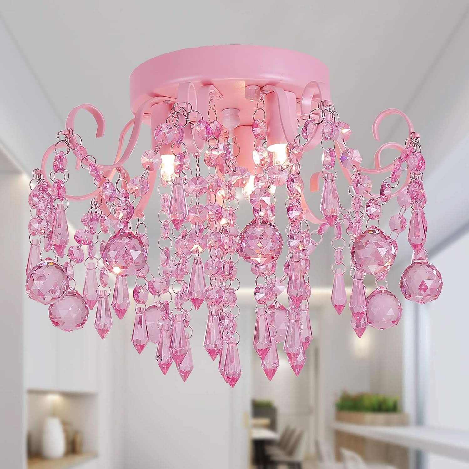 Pink Crystal Mini Chandelier 3 Light Semi Flush Mount
