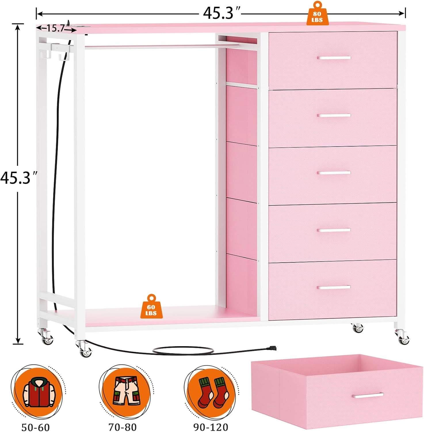 Pink Dresser With Clothes Rack 5 Drawers Charging Station