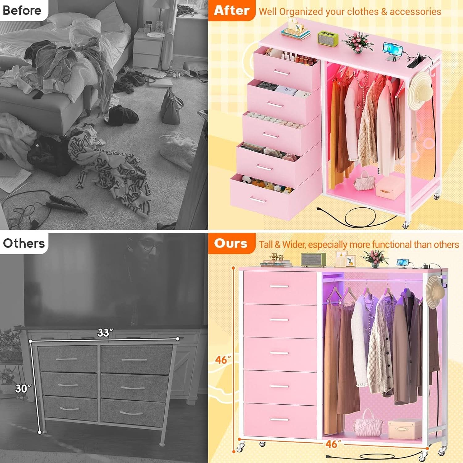 Pink Dresser With Clothes Rack 5 Drawers Charging Station