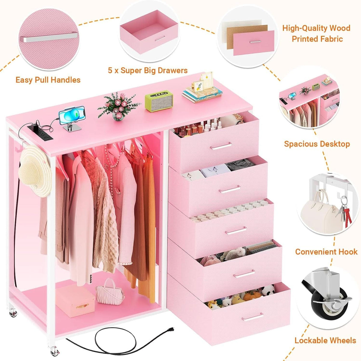 Pink Dresser With Clothes Rack 5 Drawers Charging Station