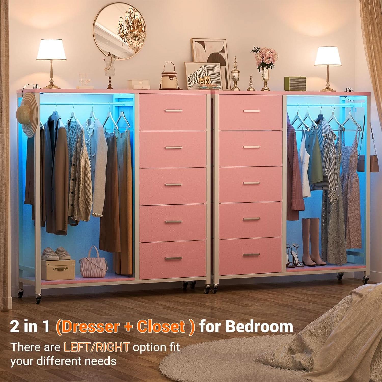Pink Dresser With Clothes Rack 5 Drawers Charging Station