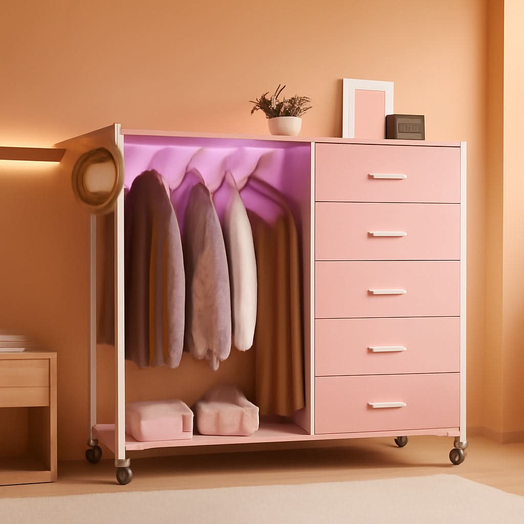 Pink Dresser With Clothes Rack 5 Drawers Charging Station