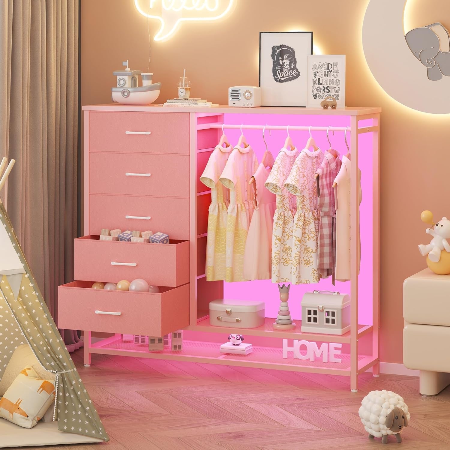 Pink Dresser With LED Lights And Charging Station 5 Drawers