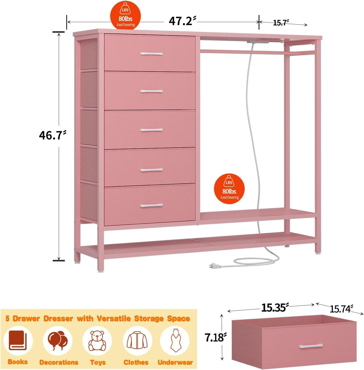 Pink Dresser With LED Lights And Charging Station 5 Drawers