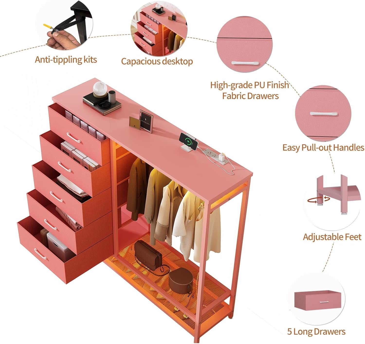 Pink Dresser With LED Lights And Charging Station 5 Drawers