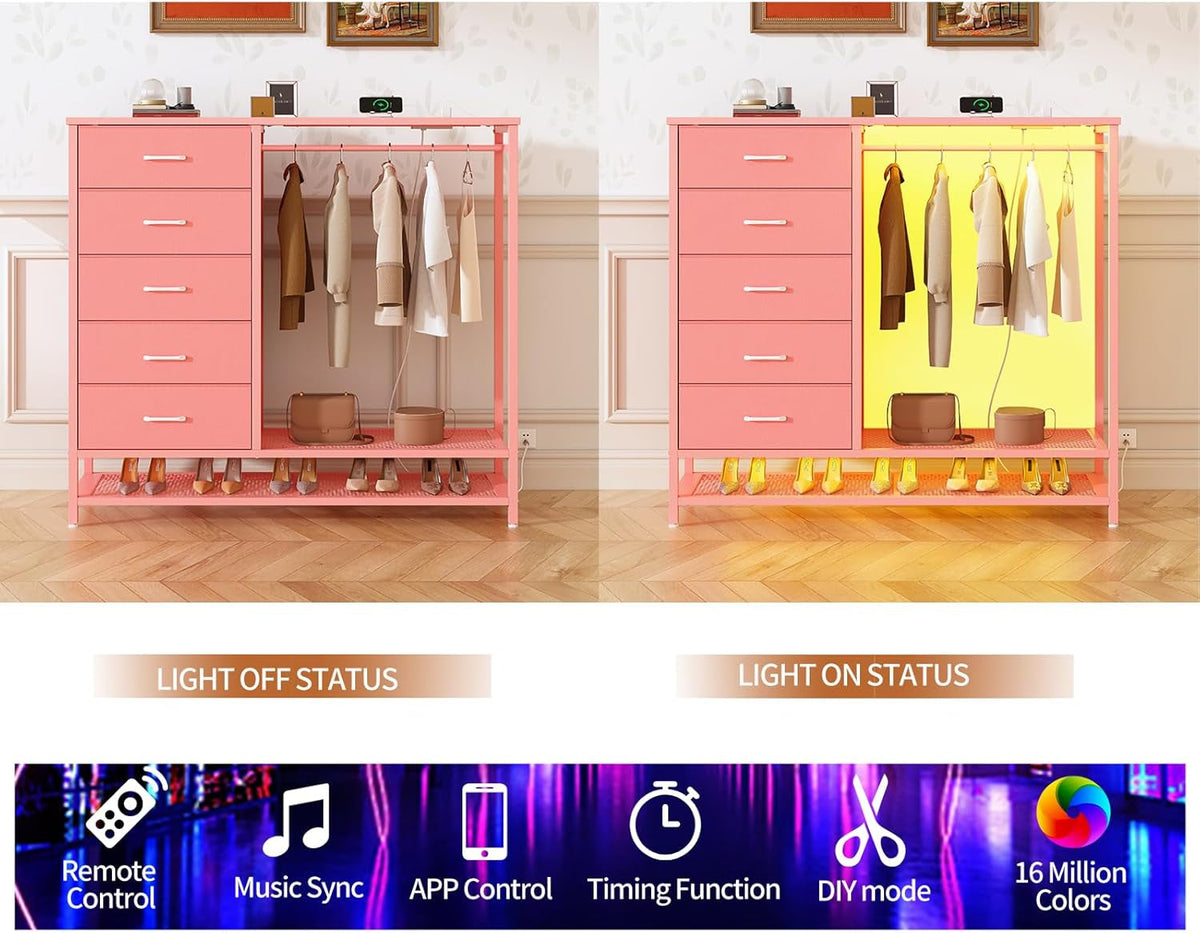 Pink Dresser With LED Lights And Charging Station 5 Drawers