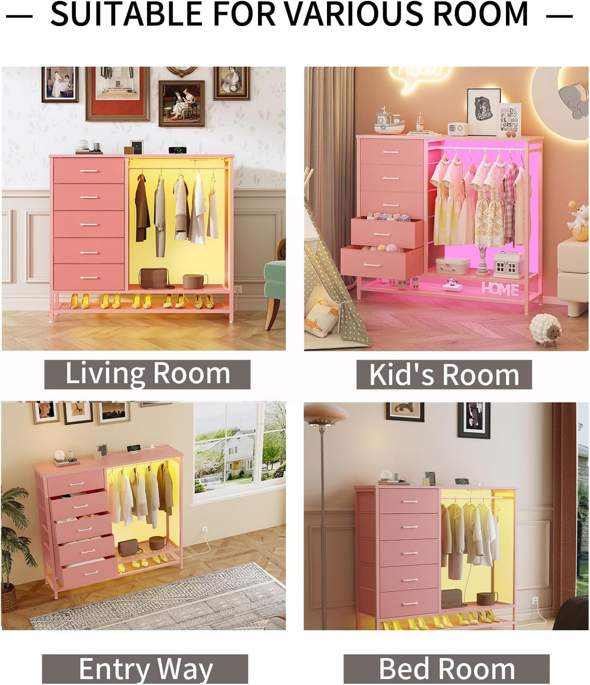 Pink Dresser With LED Lights And Charging Station 5 Drawers