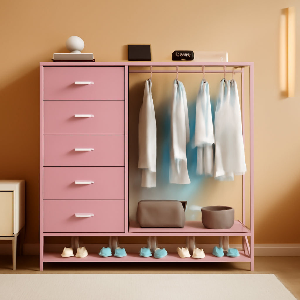 Pink Dresser With LED Lights And Charging Station 5 Drawers