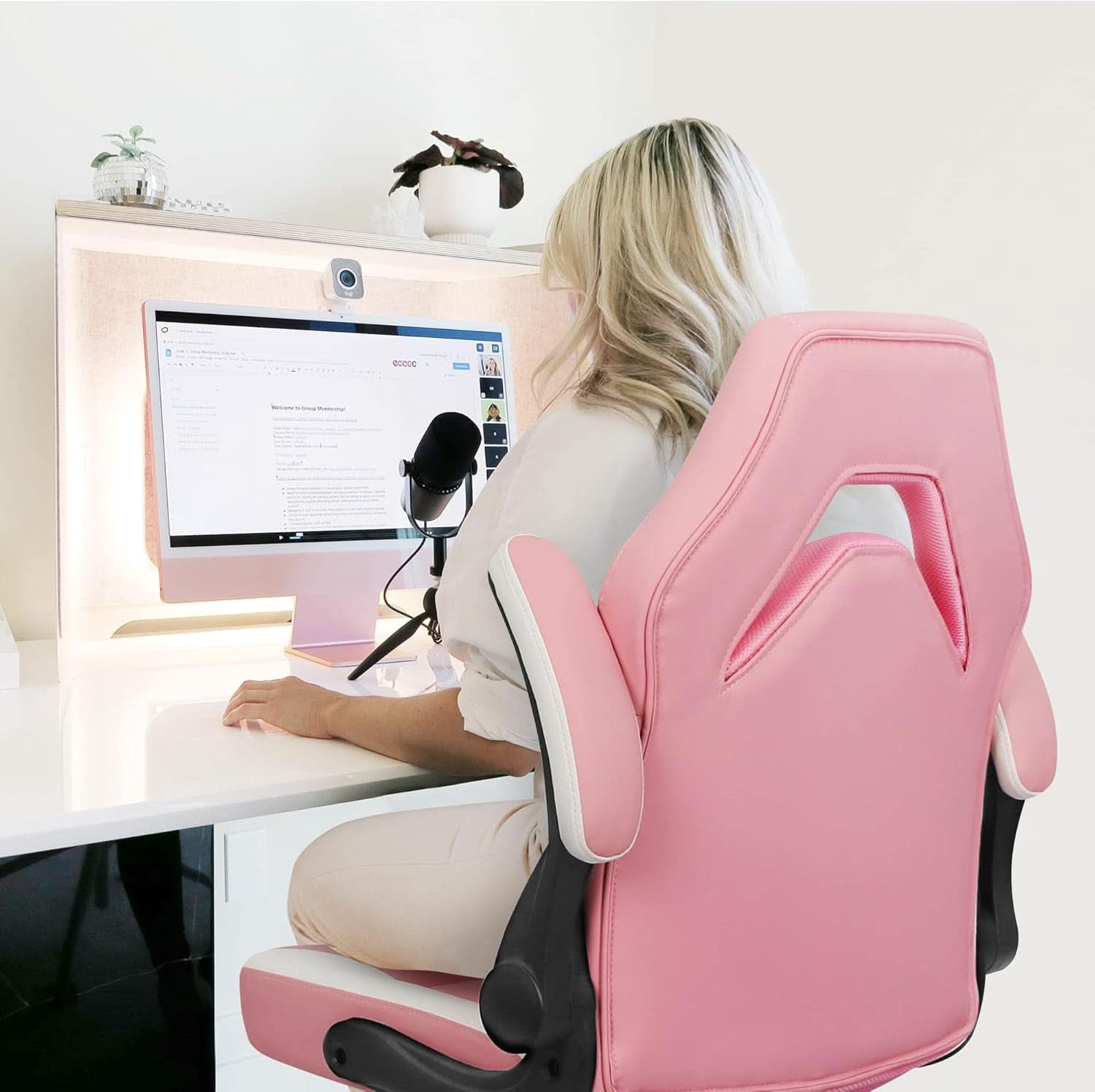 Pink Ergonomic Gaming Chair With Adjustable Lumbar Support