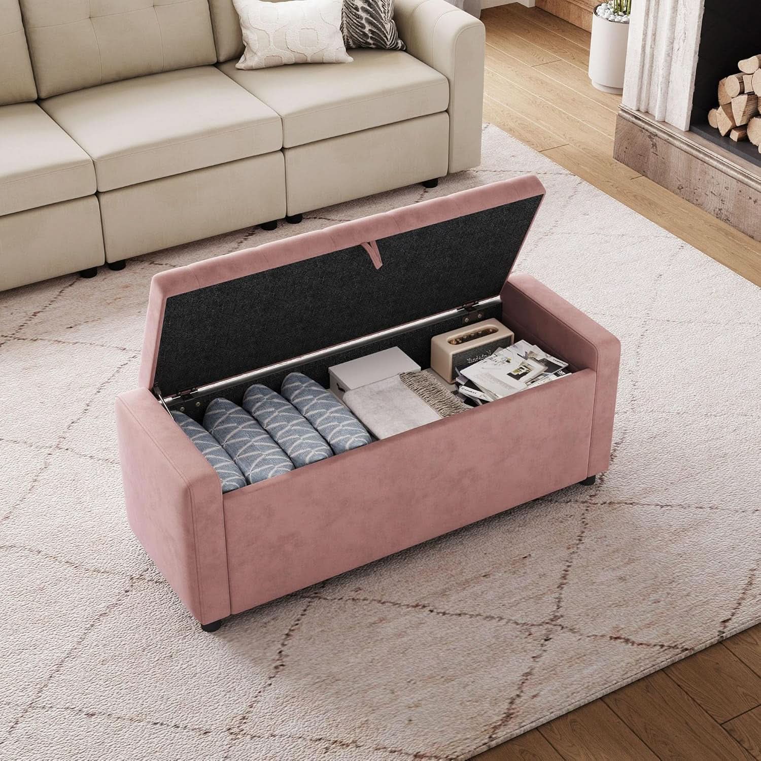 Pink Fifty Inch Velvet Upholstered Storage Ottoman Bench