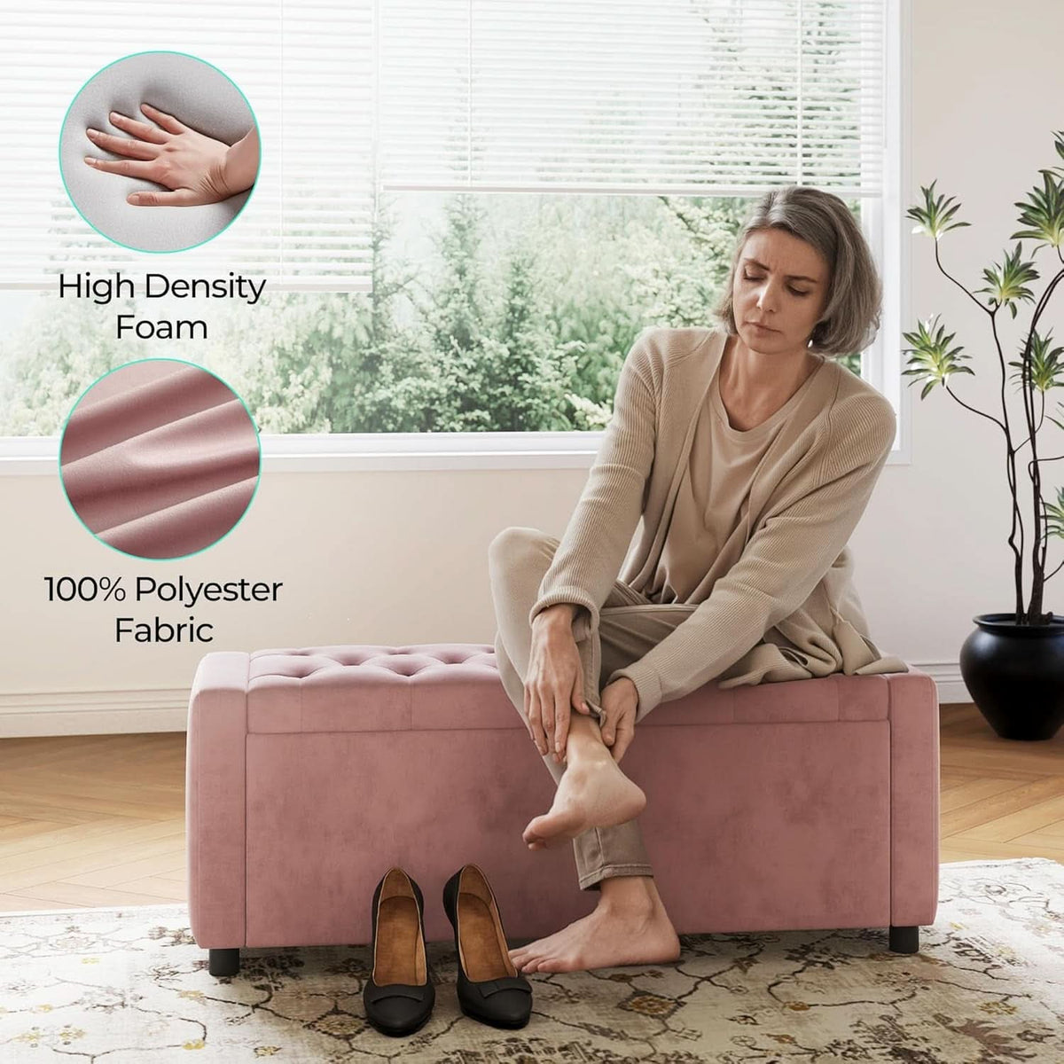 Pink Fifty Inch Velvet Upholstered Storage Ottoman Bench