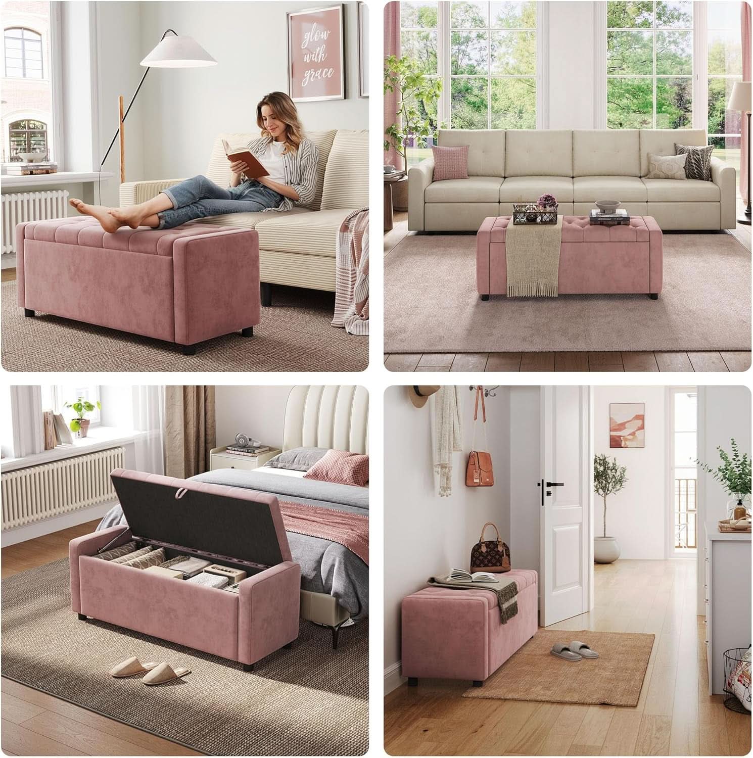 Pink Fifty Inch Velvet Upholstered Storage Ottoman Bench