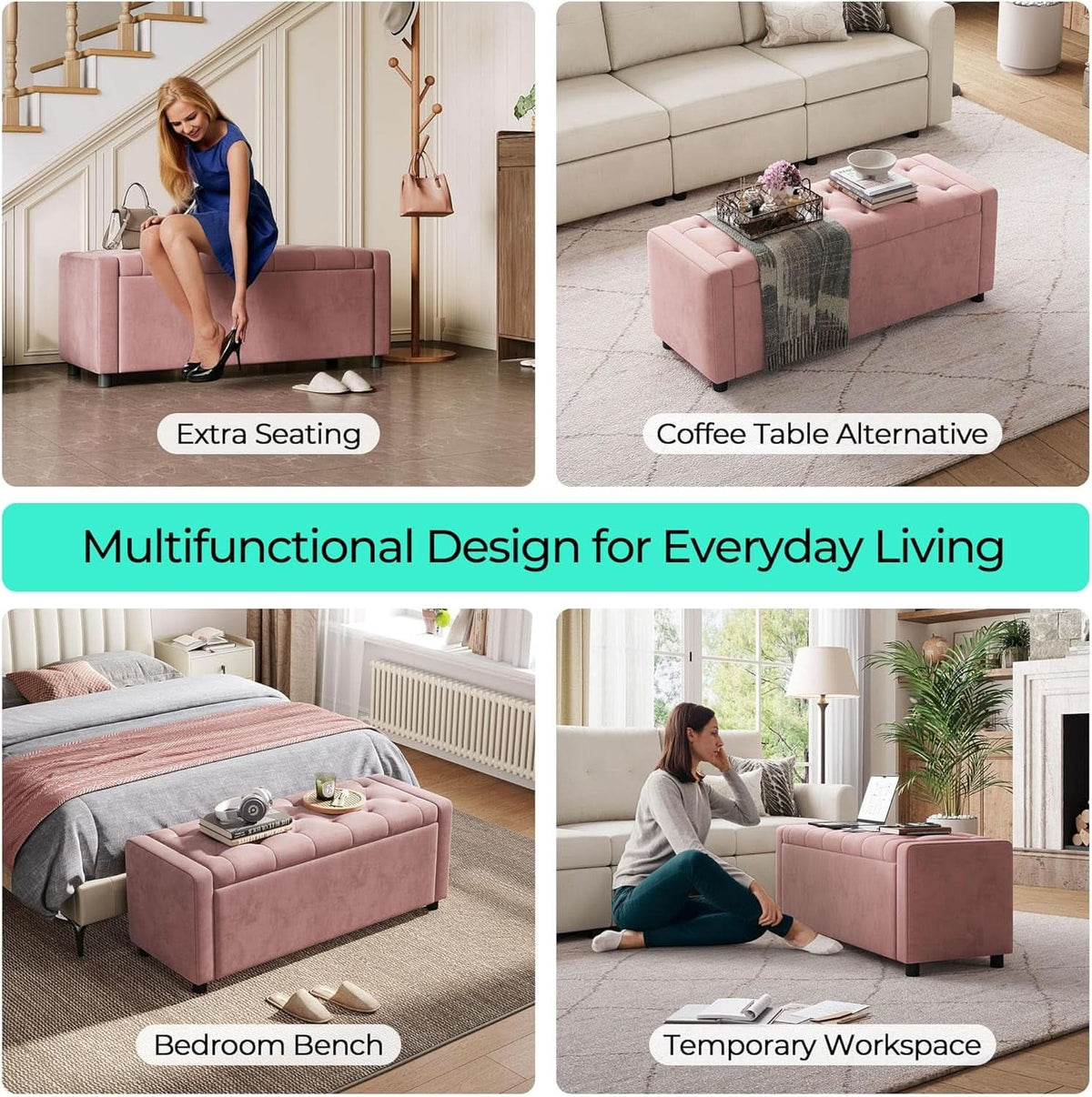 Pink Fifty Inch Velvet Upholstered Storage Ottoman Bench