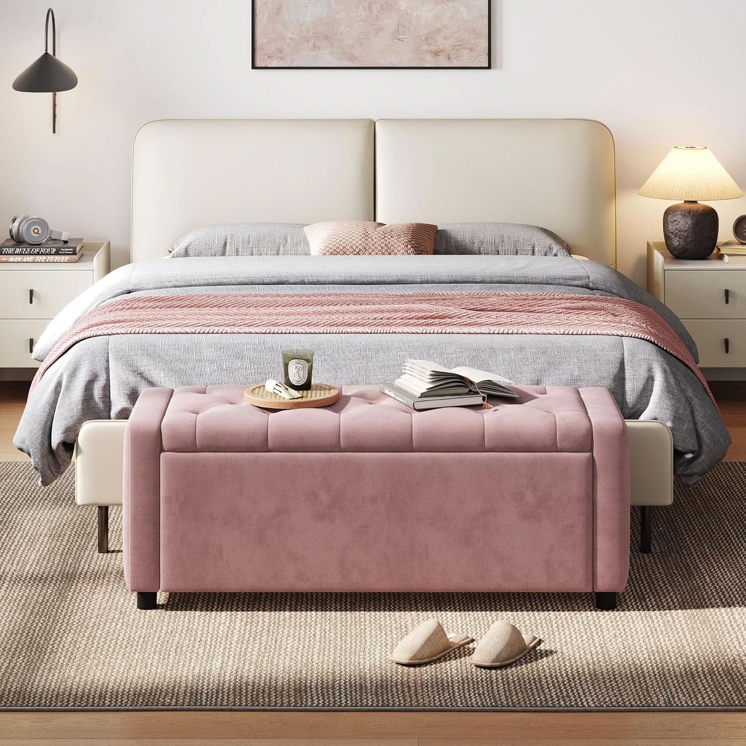 Pink Fifty Inch Velvet Upholstered Storage Ottoman Bench
