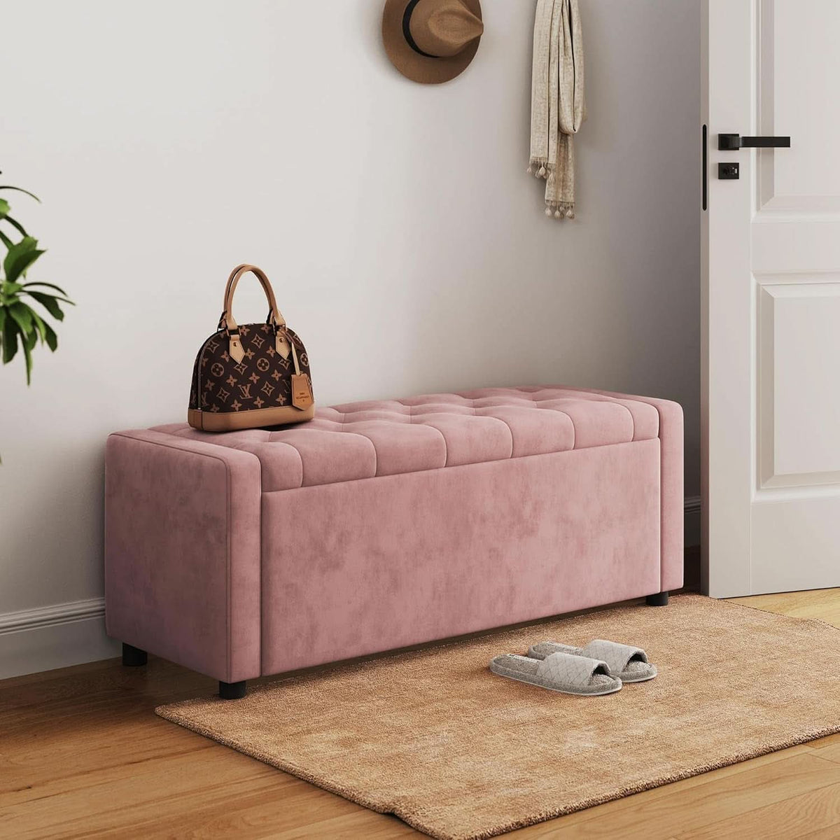Pink Fifty Inch Velvet Upholstered Storage Ottoman Bench