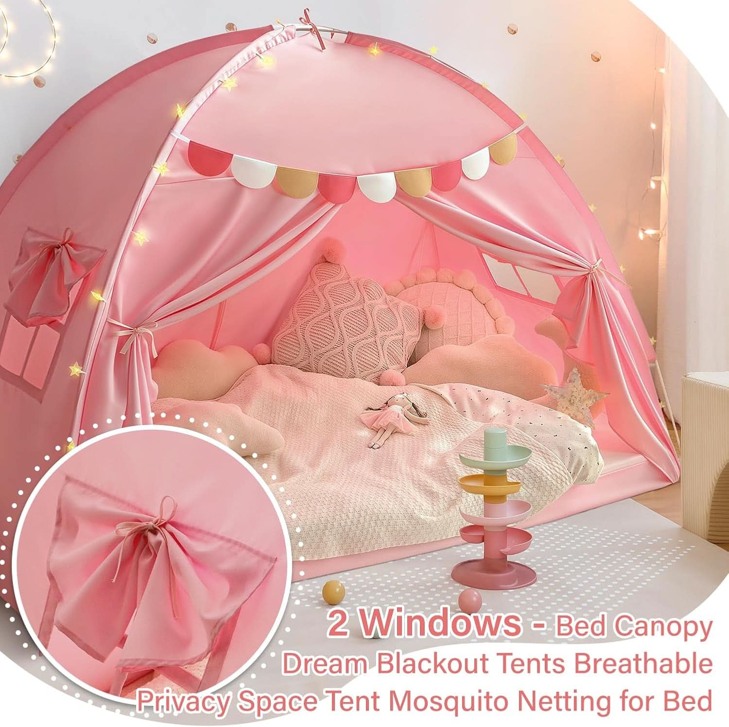 Pink Full Size Canopy Tent Dual Door Access Blackout Fabric