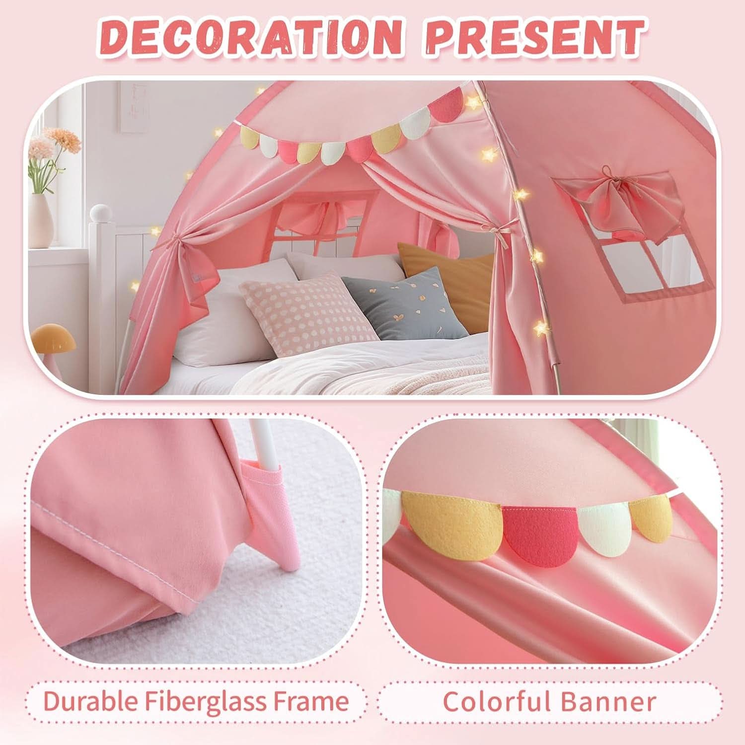 Pink Full Size Canopy Tent Dual Door Access Blackout Fabric