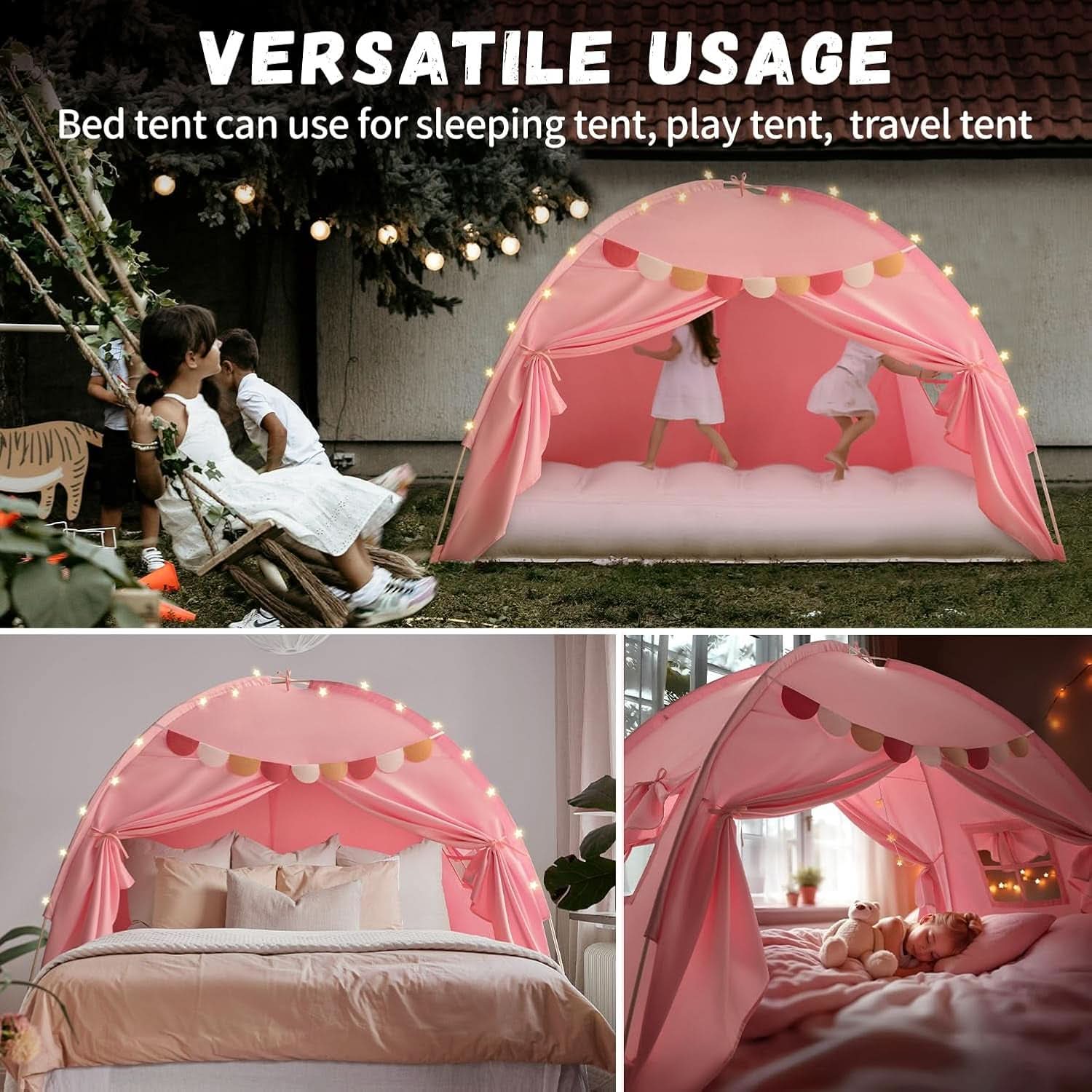 Pink Full Size Canopy Tent Dual Door Access Blackout Fabric