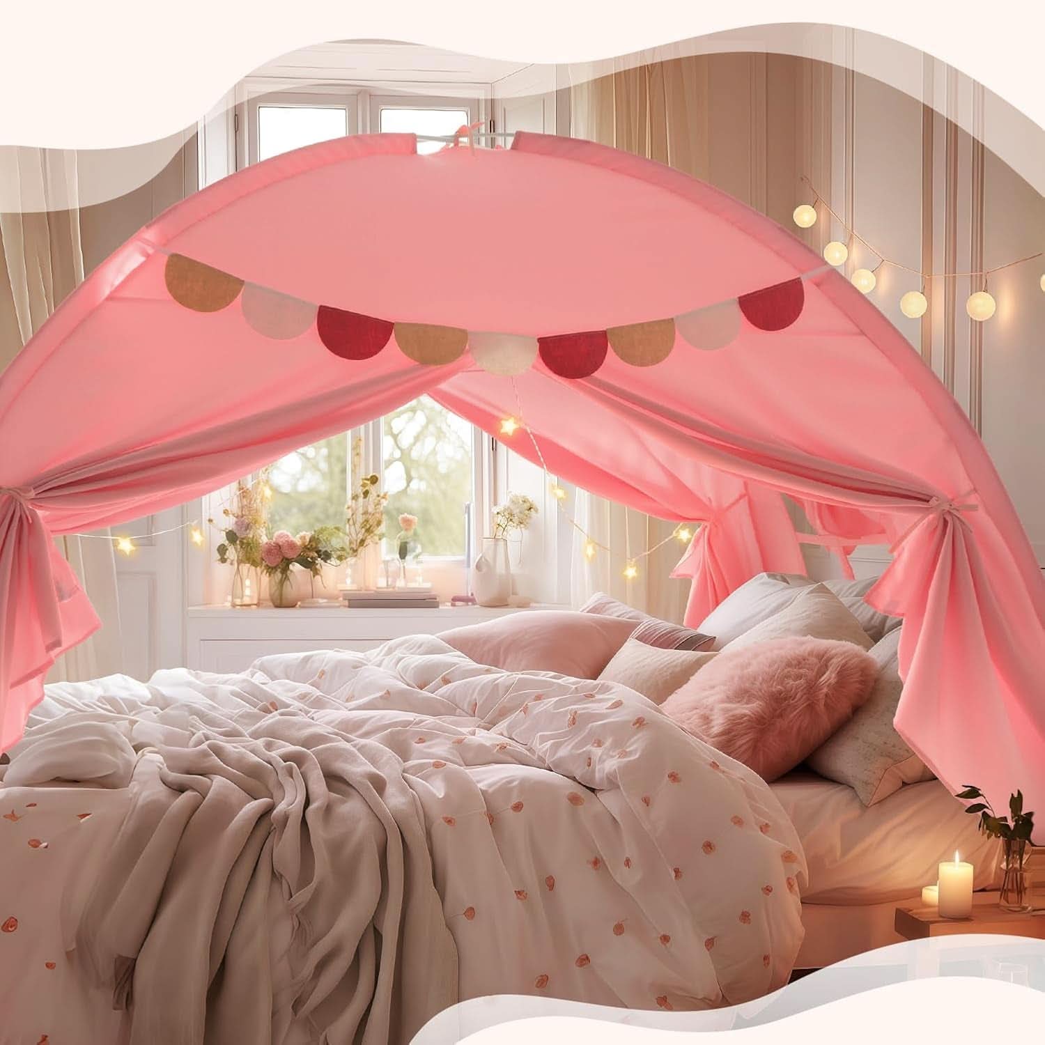 Pink Full Size Canopy Tent Dual Door Access Blackout Fabric