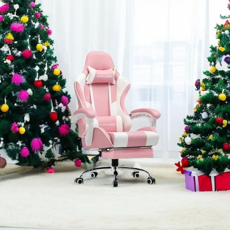 Pink Gaming Chair With Footrest And Lumbar Support Height Adjustable