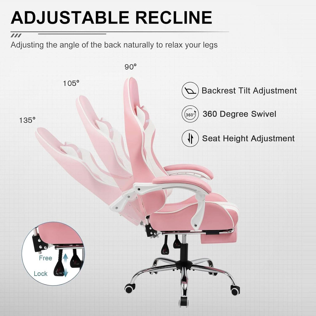 Pink Gaming Chair With Footrest And Lumbar Support Height Adjustable