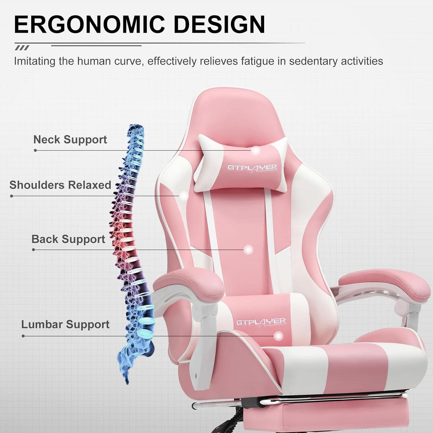 Pink Gaming Chair With Footrest And Lumbar Support Height Adjustable