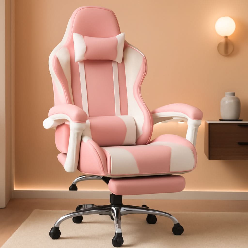 Pink Gaming Chair With Footrest And Lumbar Support Height Adjustable