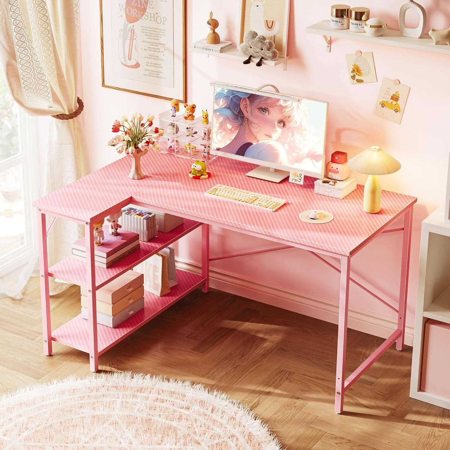 Pink L Shaped Desk 47 Inch Corner Desk For Home Office