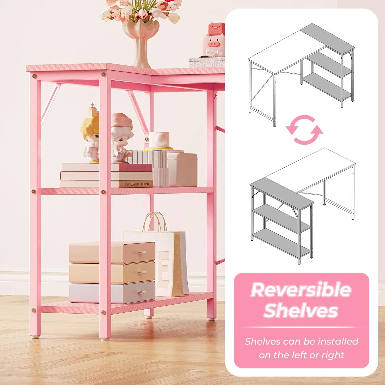 Pink L Shaped Desk 47 Inch Corner Desk For Home Office