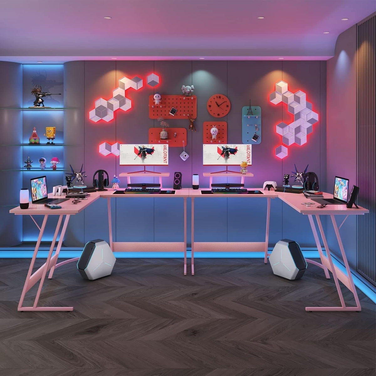 Pink L Shaped Gaming Desk With Monitor Stand 51 Inch Corner Computer Desk