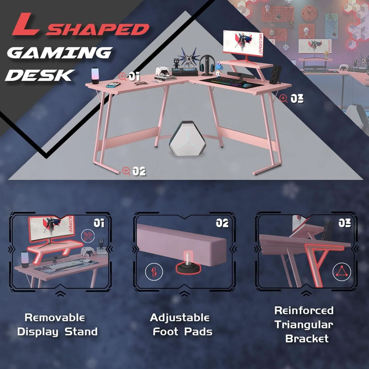 Pink L Shaped Gaming Desk With Monitor Stand 51 Inch Corner Computer Desk