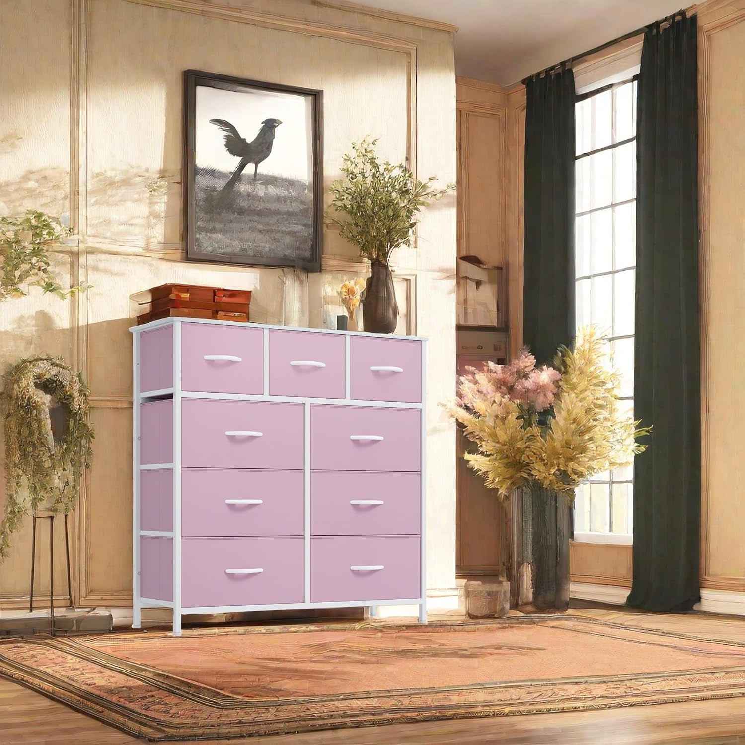 Pink Linen Fabric Storage Dresser With Nine Drawers