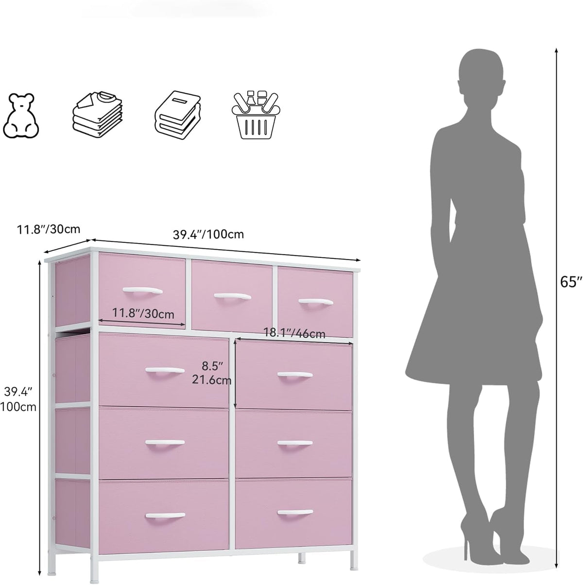 Pink Linen Fabric Storage Dresser With Nine Drawers