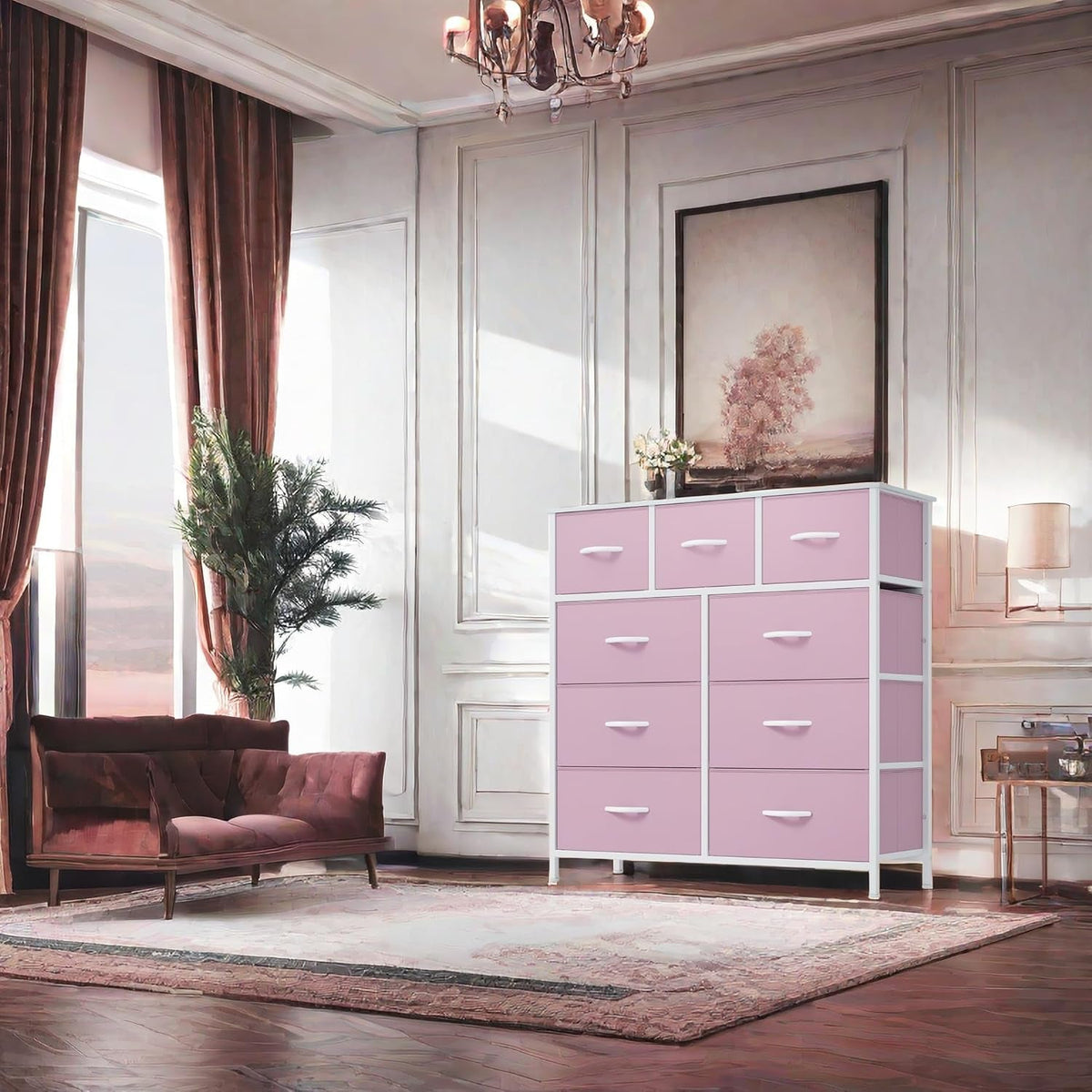 Pink Linen Fabric Storage Dresser With Nine Drawers