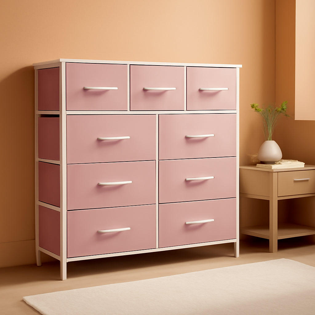 Pink Linen Fabric Storage Dresser With Nine Drawers