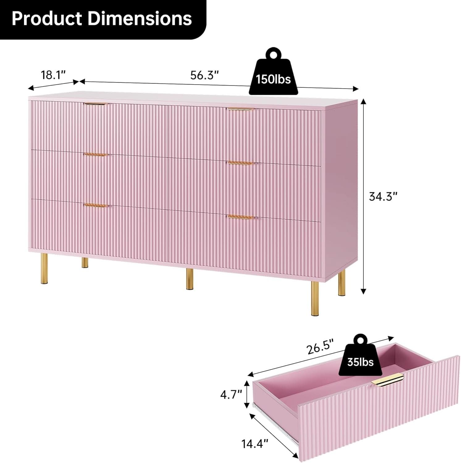 Pink Luxurious Six Drawer Dresser With GoldHandles