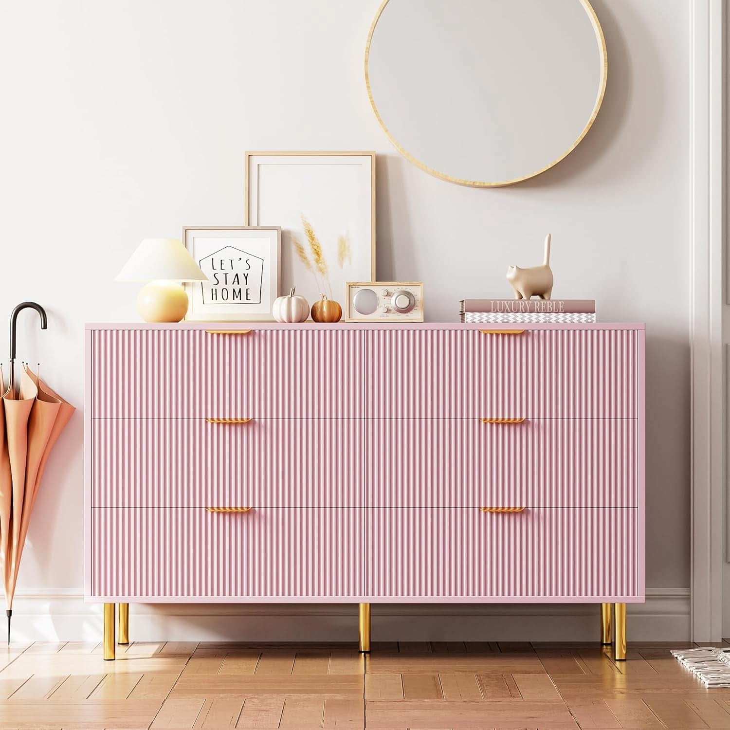 Pink Luxurious Six Drawer Dresser With GoldHandles