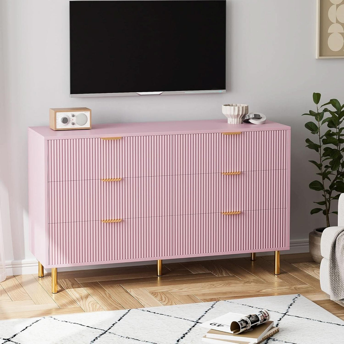 Pink Luxurious Six Drawer Dresser With GoldHandles