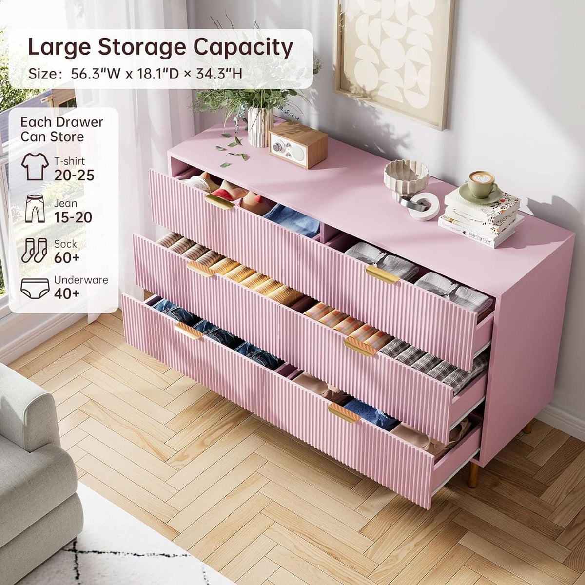 Pink Luxurious Six Drawer Dresser With GoldHandles
