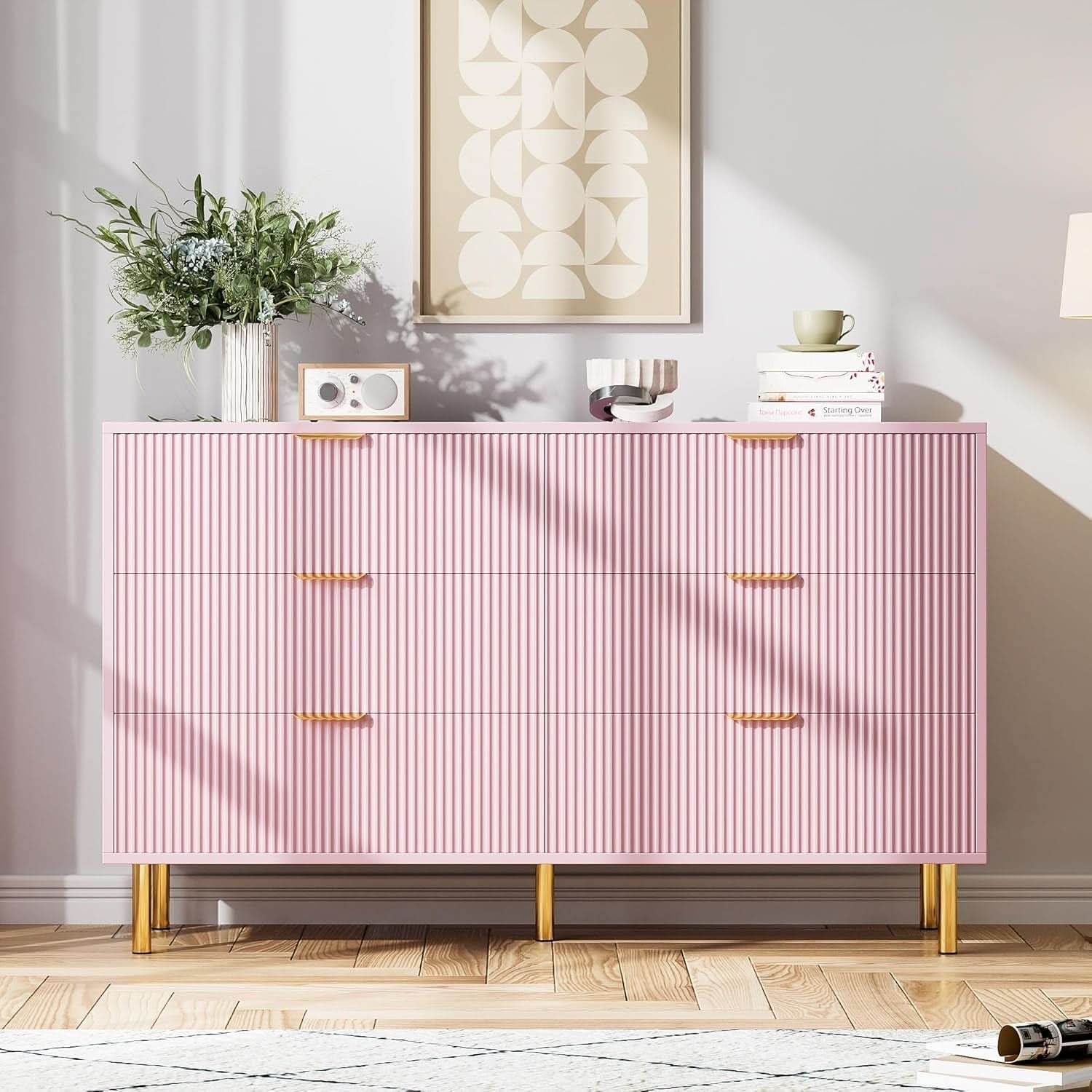 Pink Luxurious Six Drawer Dresser With GoldHandles