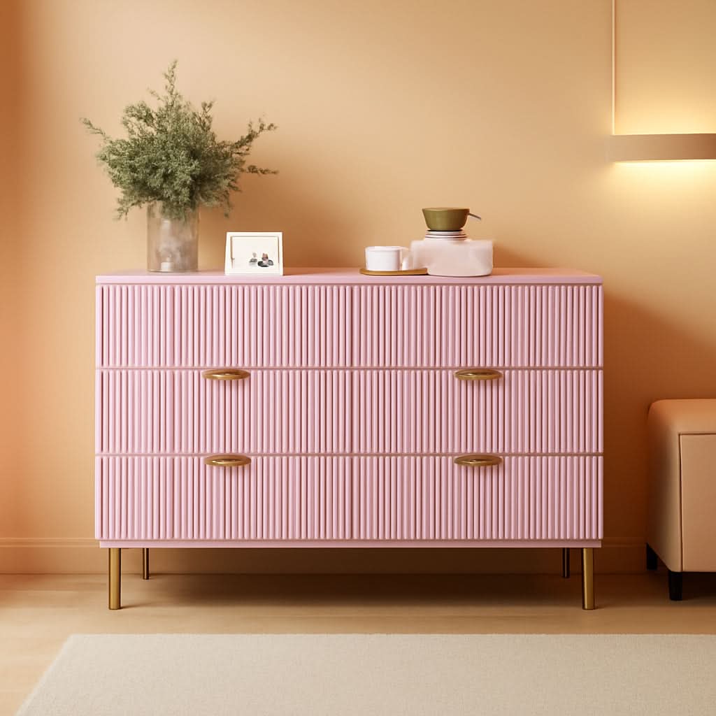 Pink Luxurious Six Drawer Dresser With GoldHandles