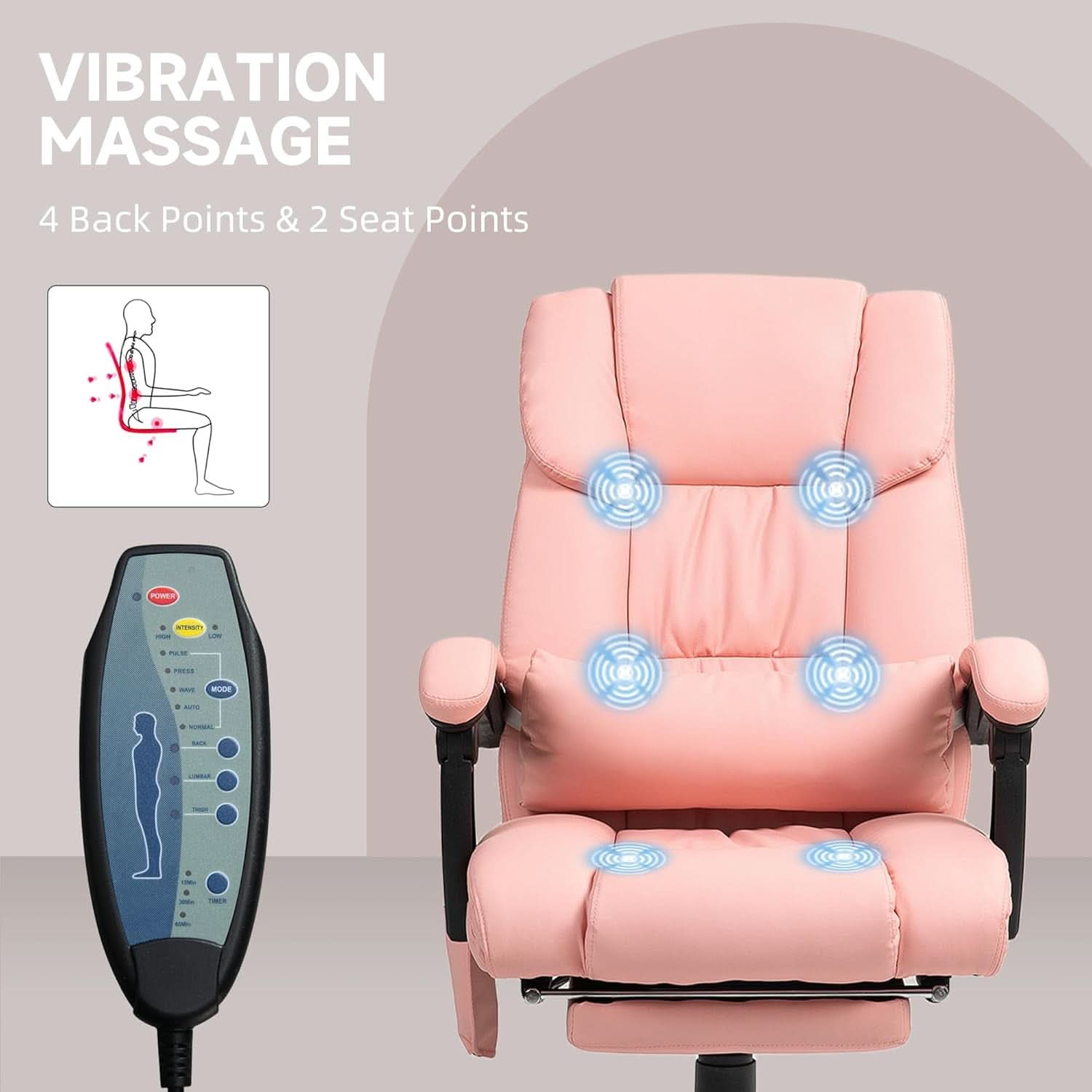 Pink Massage Office Chair With 6 Vibration Points Footrest