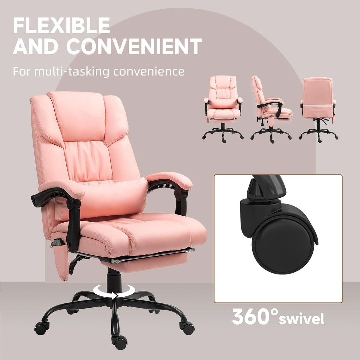 Pink Massage Office Chair With 6 Vibration Points Footrest