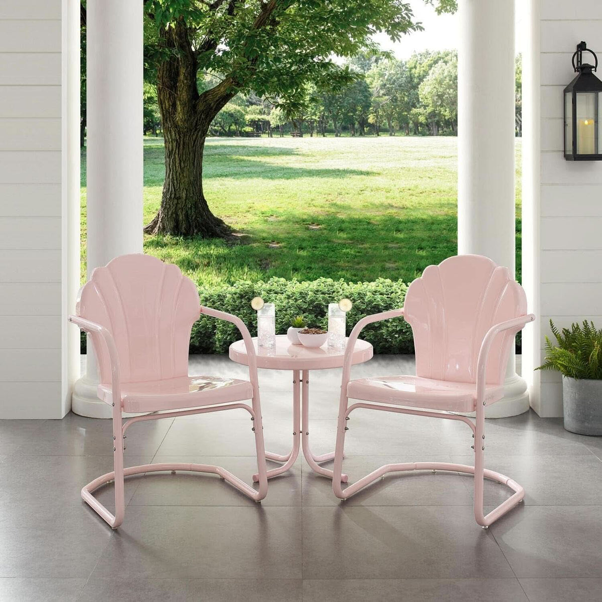 Pink Metal Outdoor Bistro Set With Table And Two Chairs