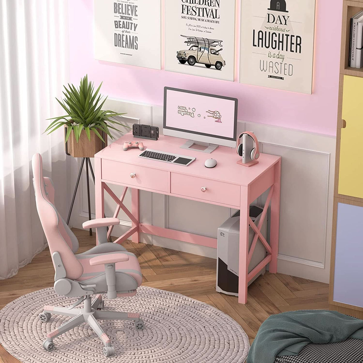 Pink Modern Vanity Desk With Drawers For Home Office